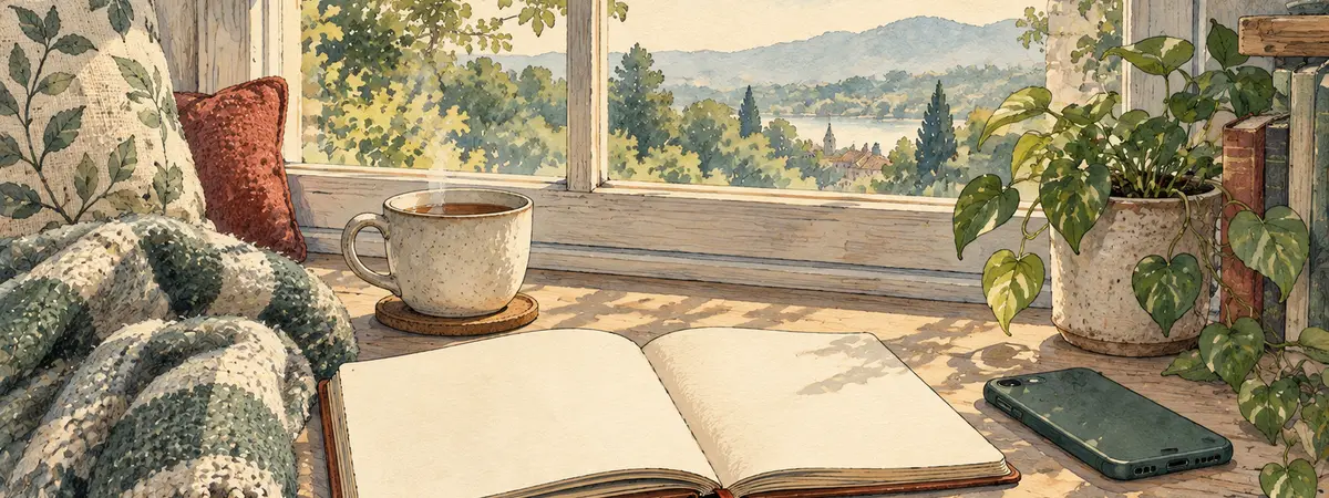 Watercolor illustration of a quiet window nook with tea, a blanket, a plant and an open blank journal in morning light.