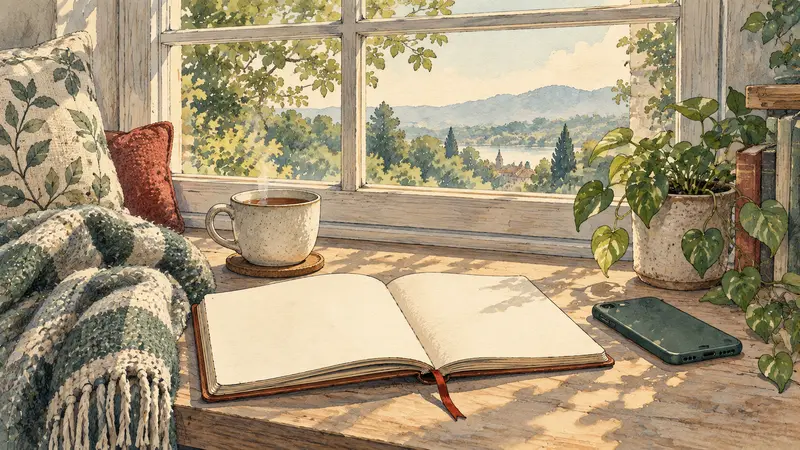Watercolor illustration of a quiet window nook with tea, a blanket, a plant and an open blank journal in morning light.