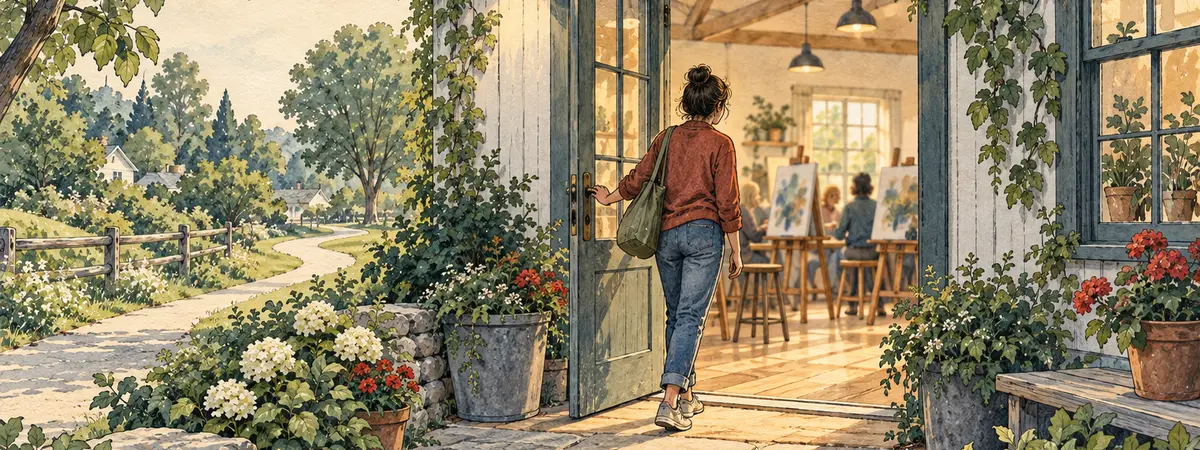 Watercolor illustration of an adult taking a calm first step into a welcoming community workshop.