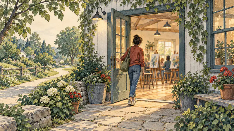Watercolor illustration of an adult taking a calm first step into a welcoming community workshop.