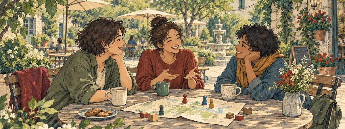 Watercolor illustration of three friends sharing an easy conversation around a sunny café-garden table.