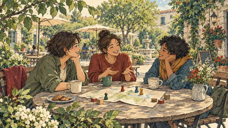 Watercolor illustration of three friends sharing an easy conversation around a sunny café-garden table.