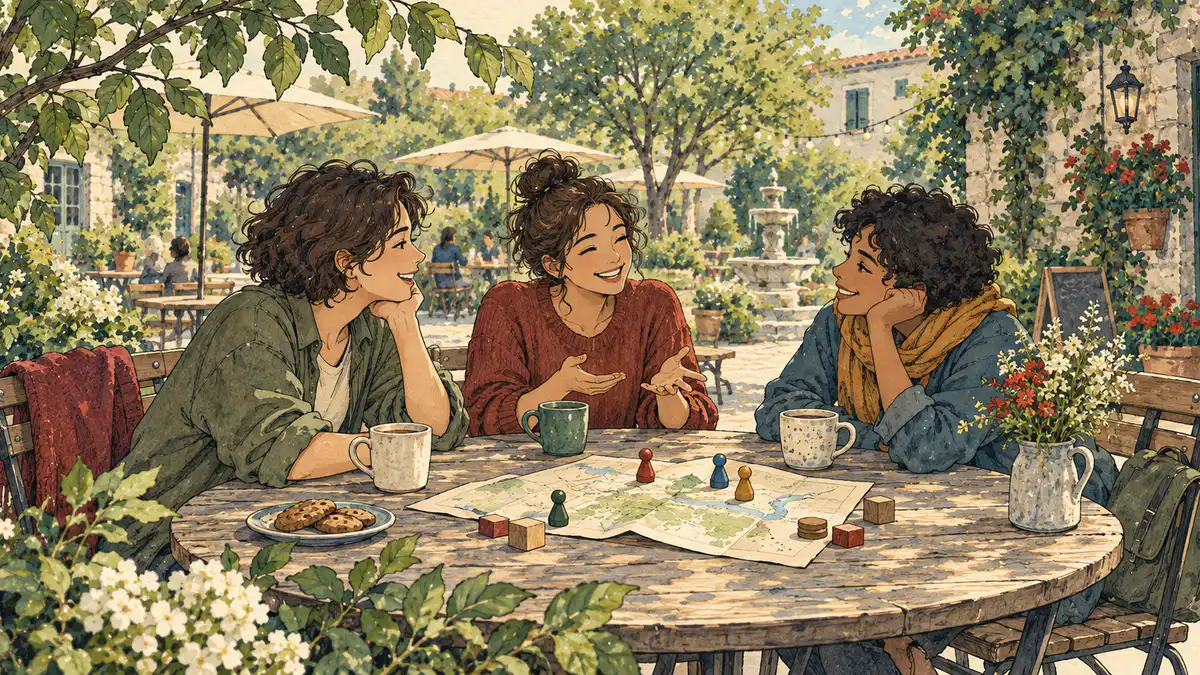 Watercolor illustration of three friends sharing an easy conversation around a sunny café-garden table.