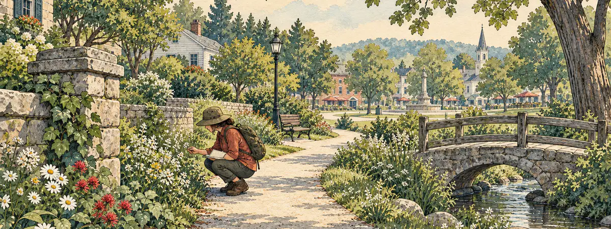 Watercolor illustration of a local explorer pausing beside wildflowers on a path through a welcoming neighborhood.