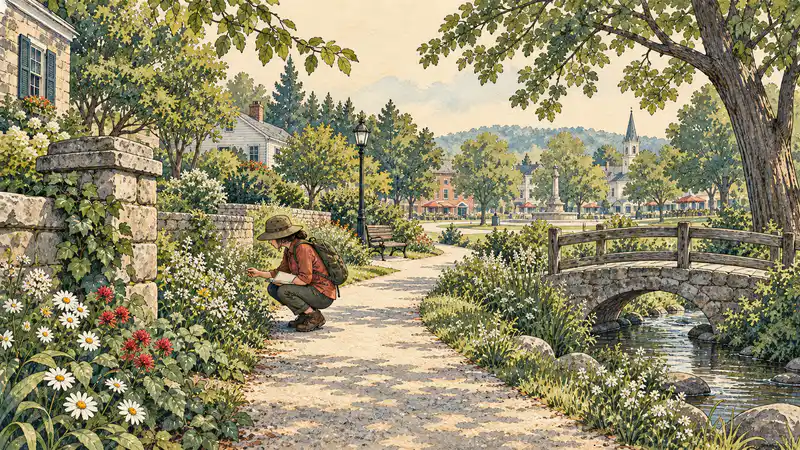 Watercolor illustration of a local explorer pausing beside wildflowers on a path through a welcoming neighborhood.