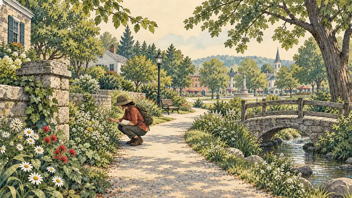 Watercolor illustration of a local explorer pausing beside wildflowers on a path through a welcoming neighborhood.