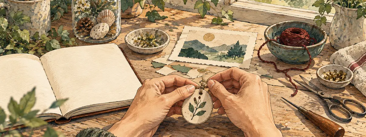 Watercolor illustration of hands finishing a small botanical keepsake at a warm, well-used craft table.
