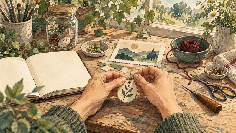 Watercolor illustration of hands finishing a small botanical keepsake at a warm, well-used craft table.