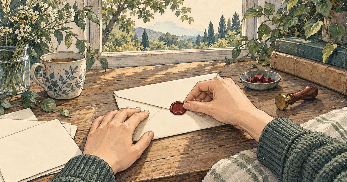 A completed envelope sealed with warm crimson wax rests on a wooden writing desk next to an ink bottle, metal stylus, and dried sprigs.